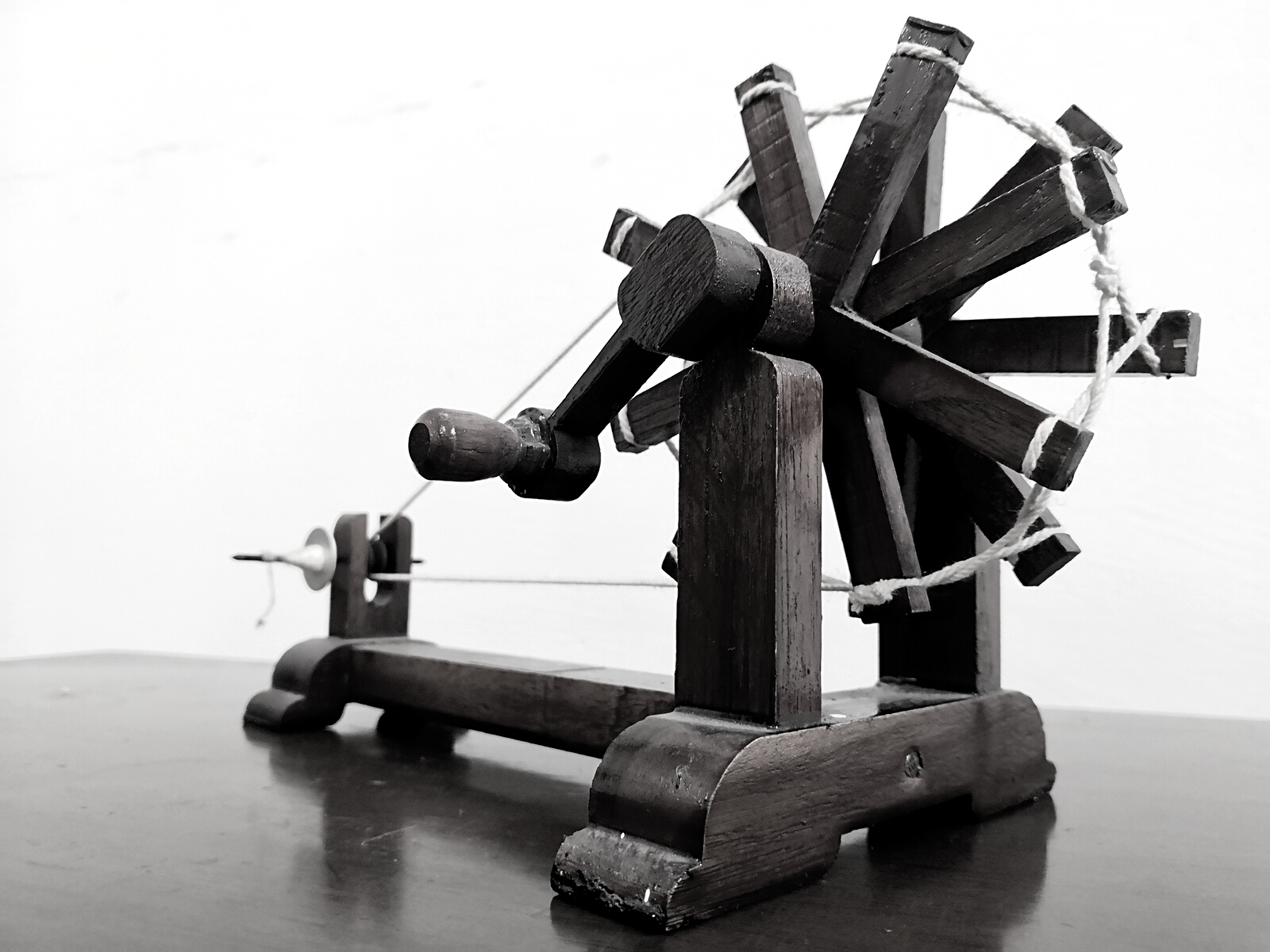 Mahatma Gandhi's Spinning Wheel (Charkha), in focus back view